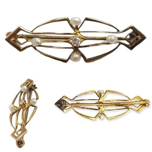 Antique Edwardian Delicate Petite 12k Gold Natural Diamond Seed Pearl Brooch Pin